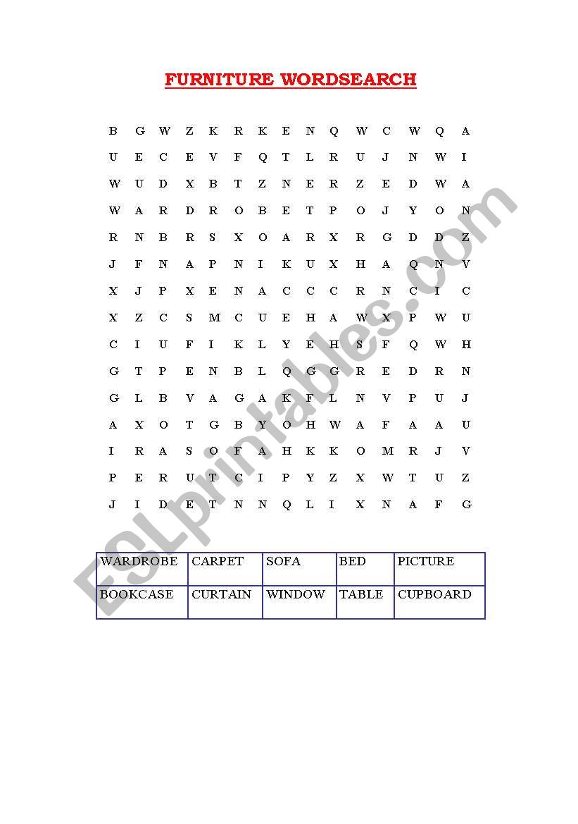 furniture wordsearch worksheet