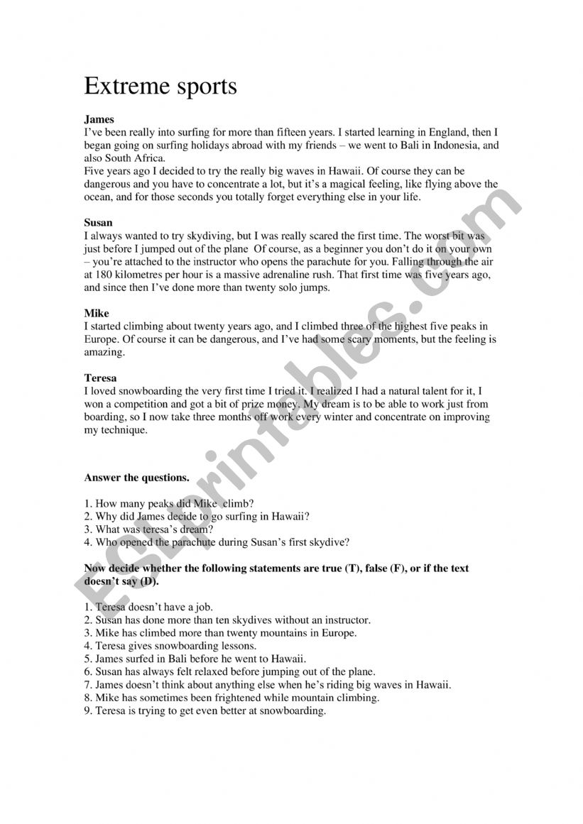 extreme sports worksheet