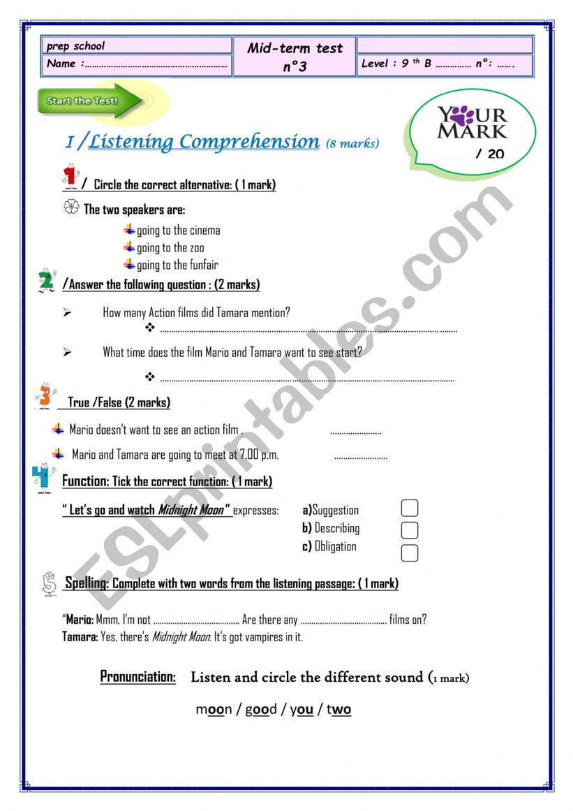 Mid term test 3 9th form worksheet