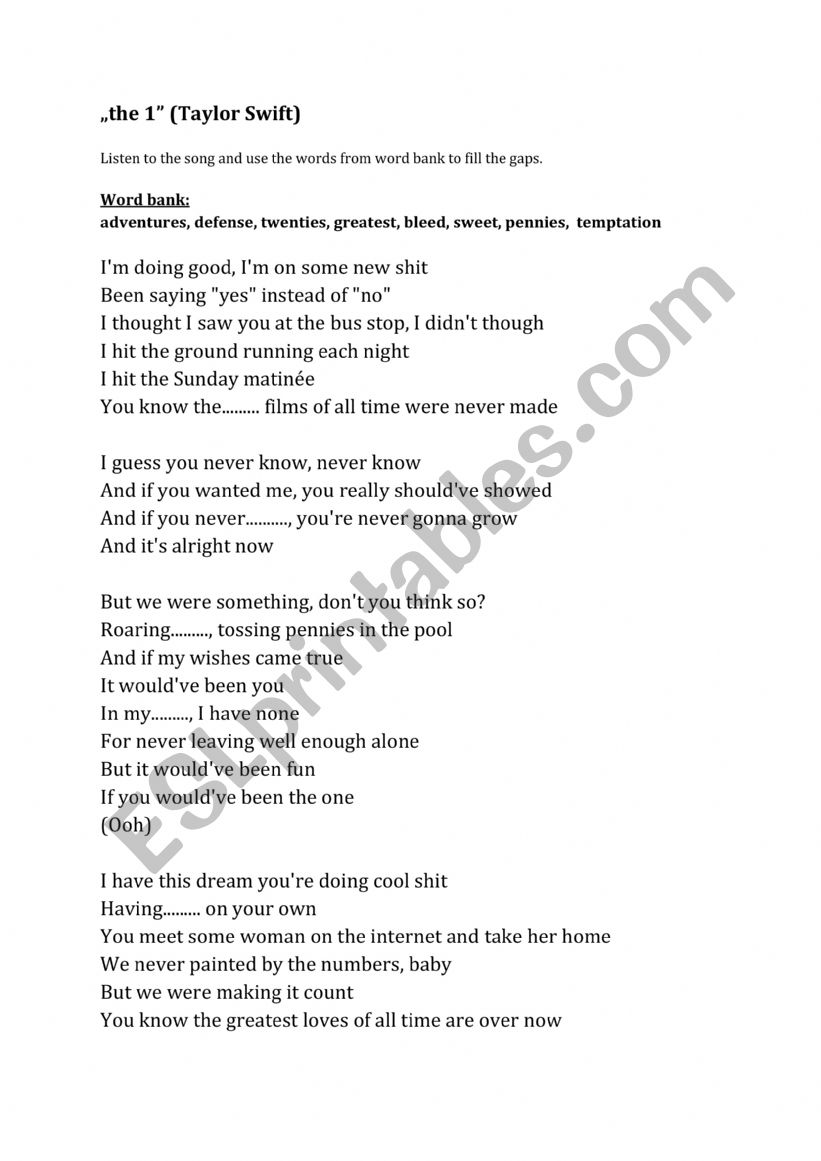 Song worksheet, Taylor Swift 