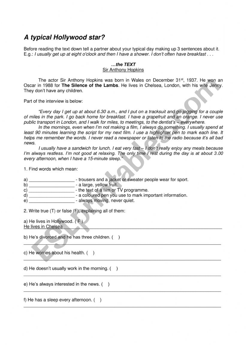 simple present - reading worksheet