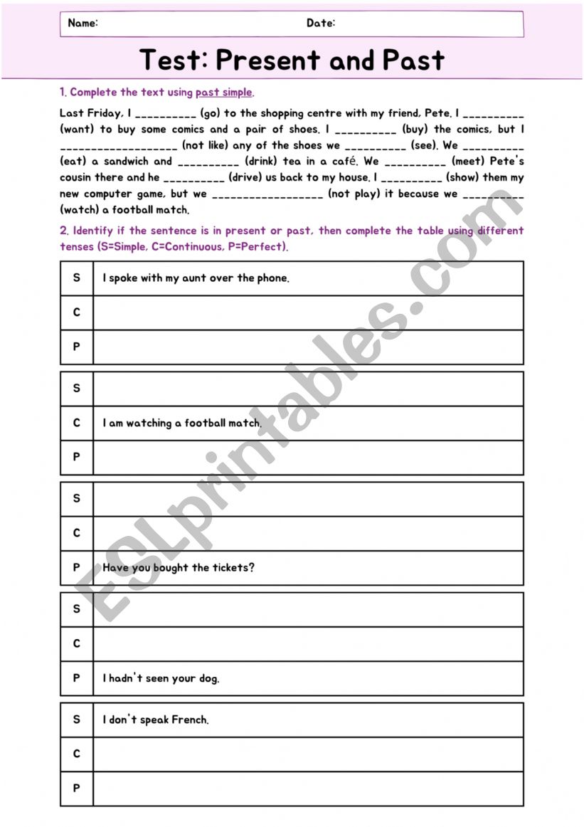 Test: Present and Past worksheet