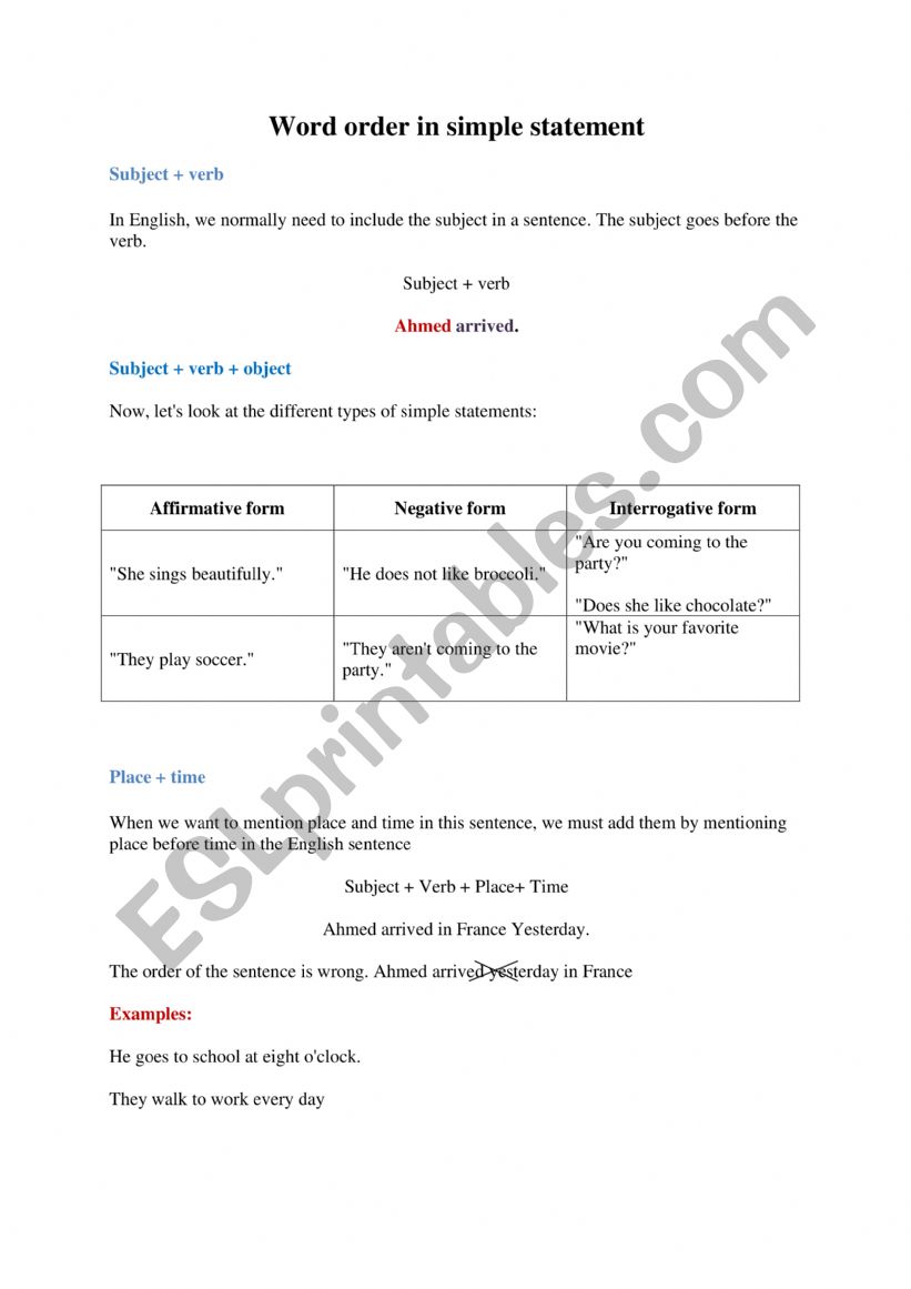 Word order worksheet