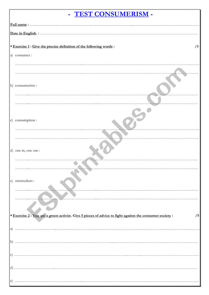 Consumerism worksheet