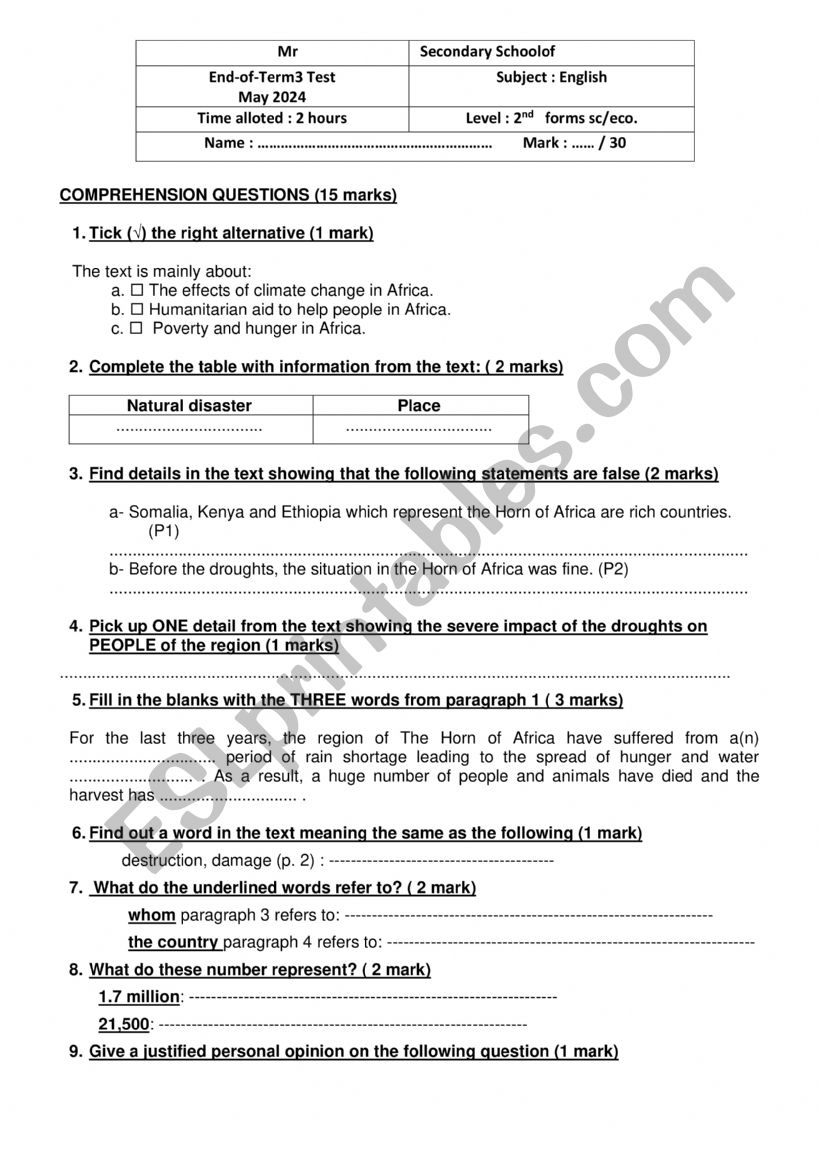 2nd Form End of Term Test 3  worksheet