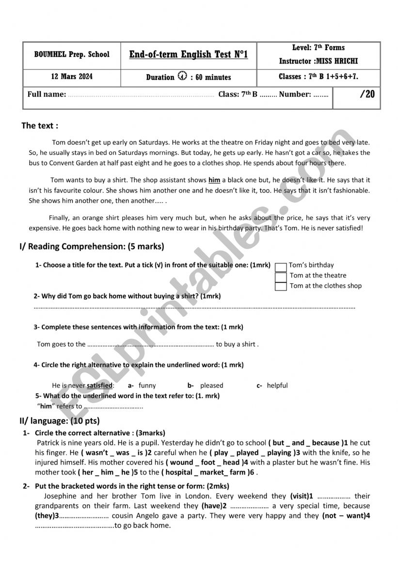 end of term english test 2 worksheet