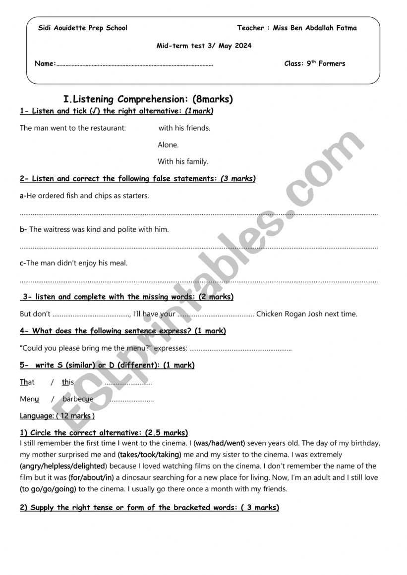 mid-term test 3 worksheet