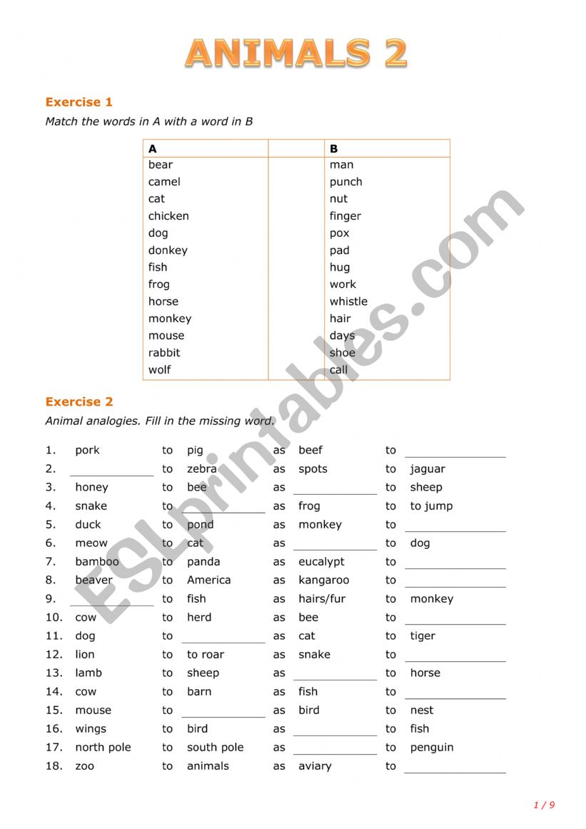 Animals 2 worksheet