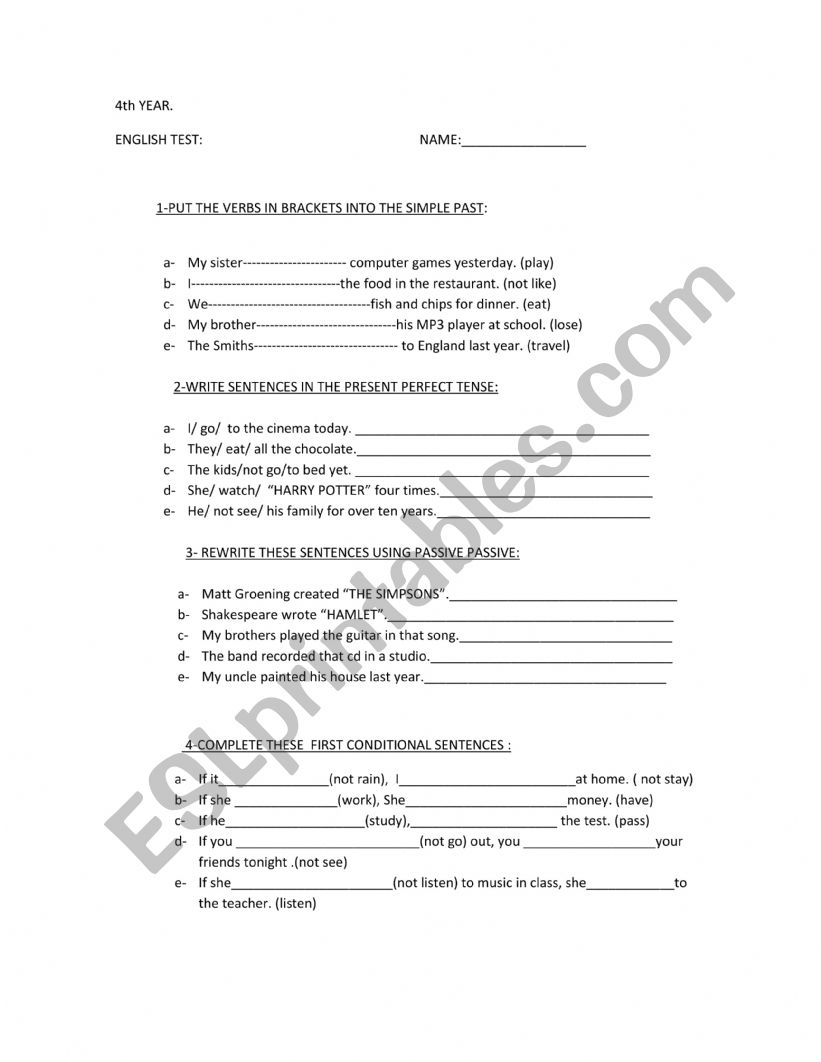 Test 4th year worksheet