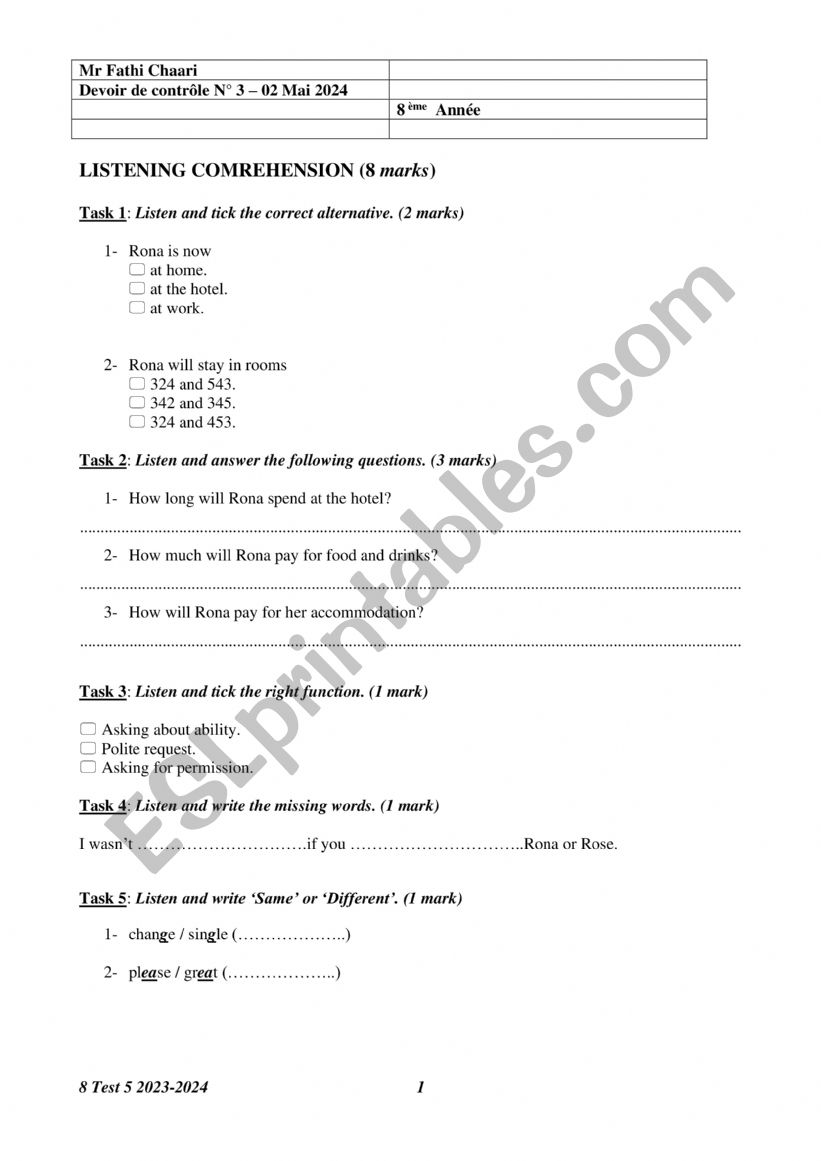 8 Mid Term 3 Test worksheet