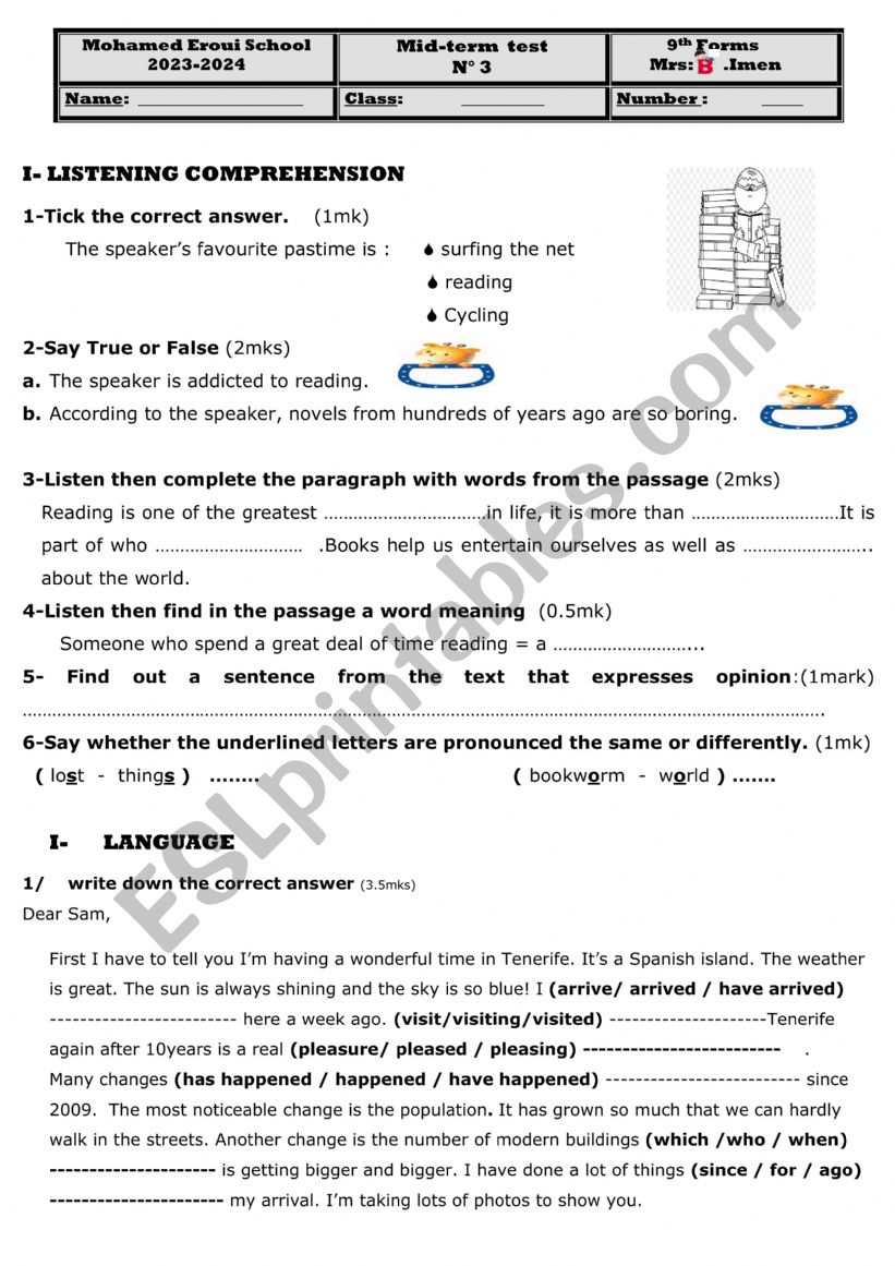 mid term test 3-9th forms worksheet