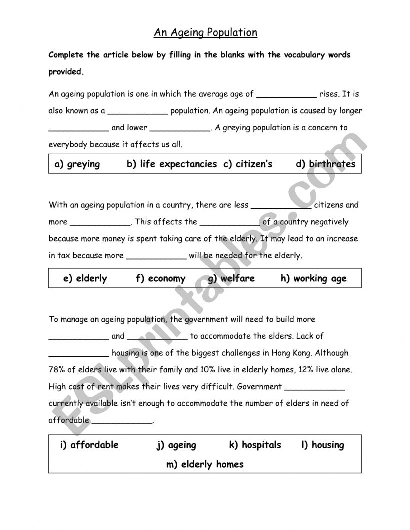 Ageing Population worksheet