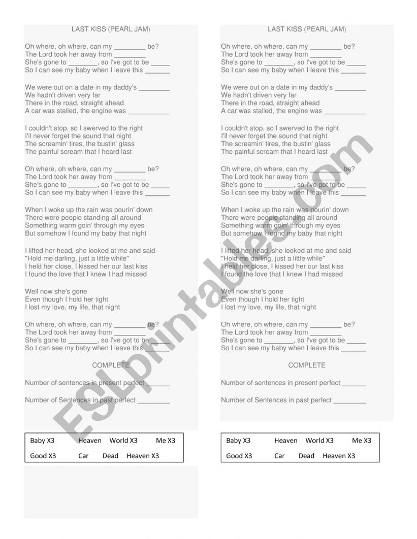 Present Perfect Last Kiss by Pearl Jam ESL worksheet by roalroco