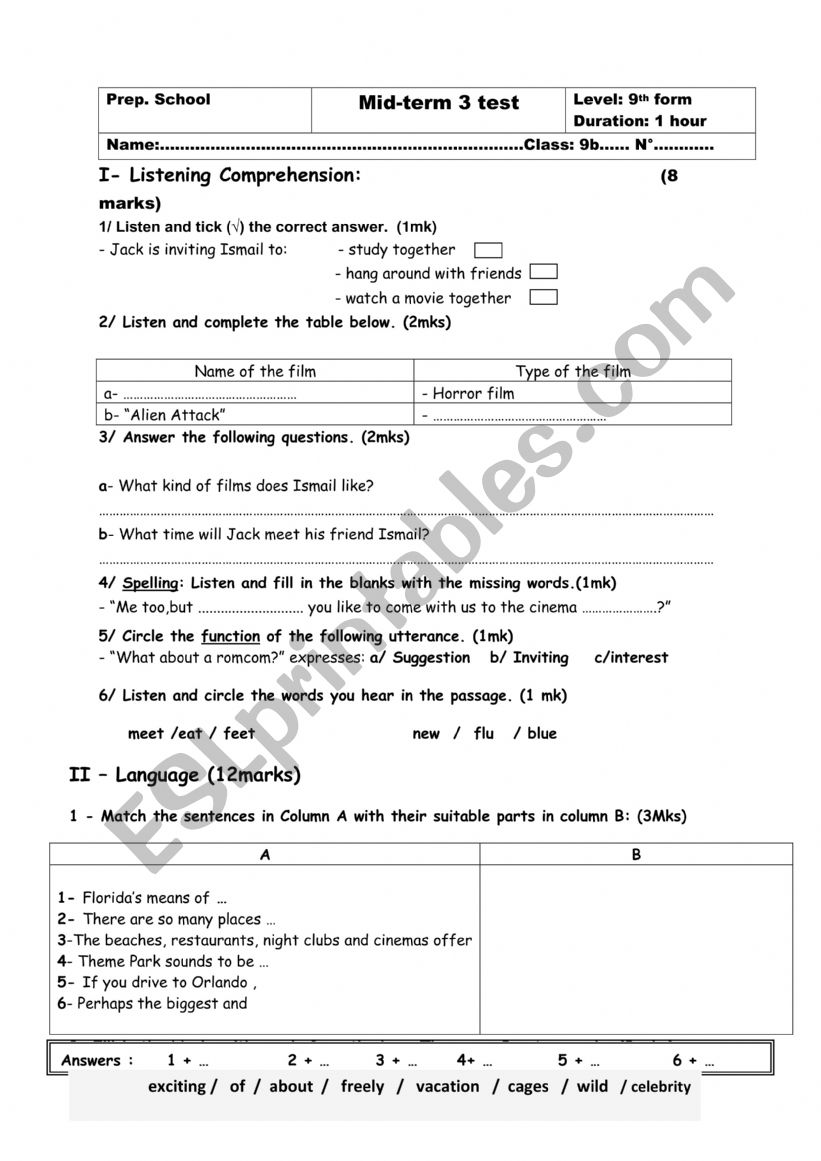 MID TERM TEST N 3 9TH FORM  worksheet