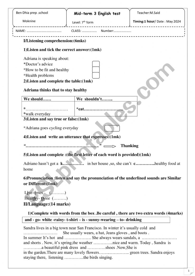 mid term3 test 7th form worksheet