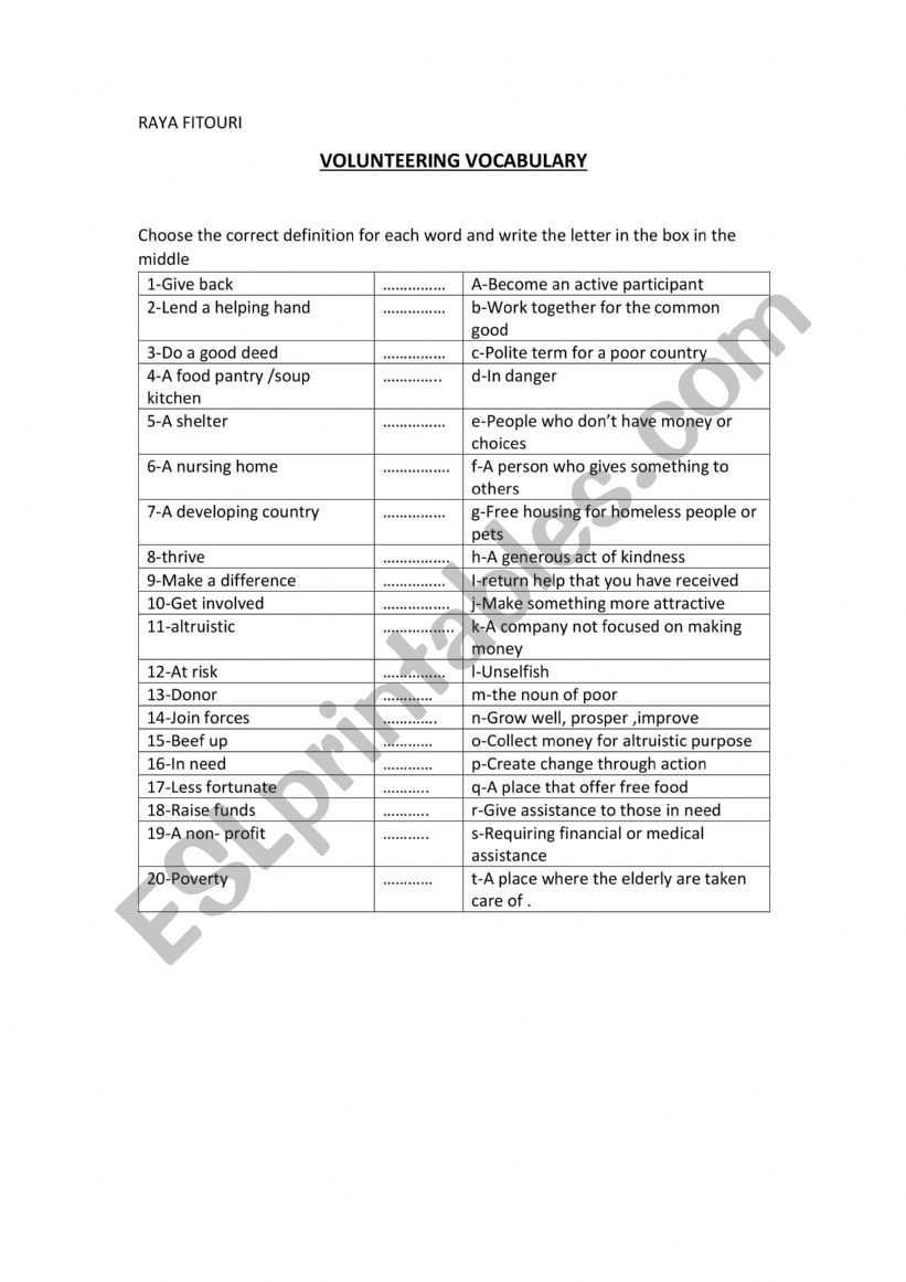 volunteering vocabulary worksheet