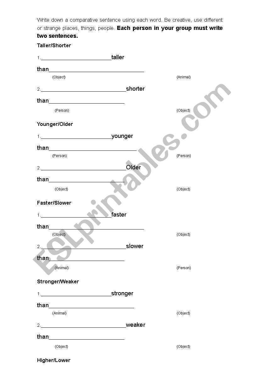 Comparative Senence Practice worksheet