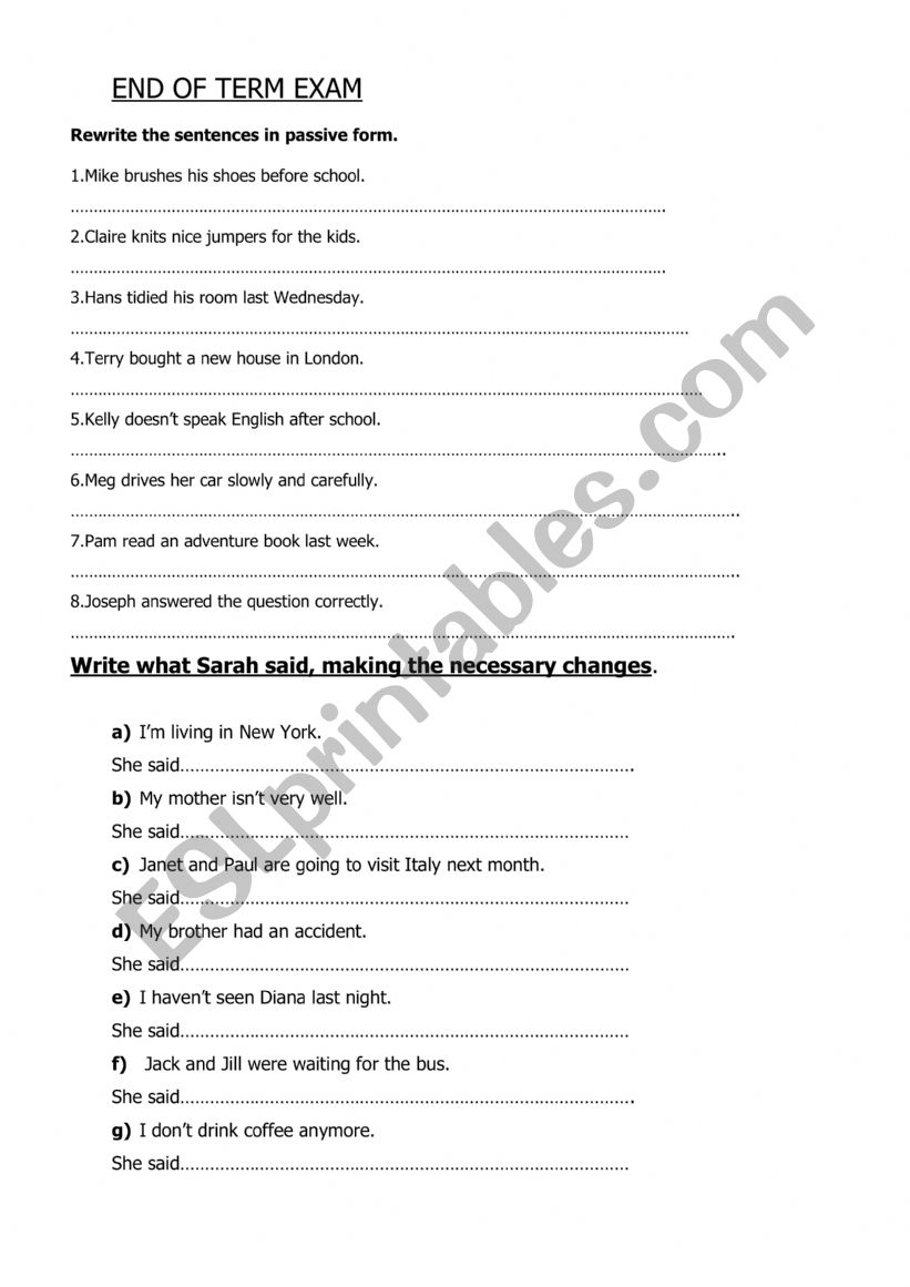 End of term grammar test worksheet