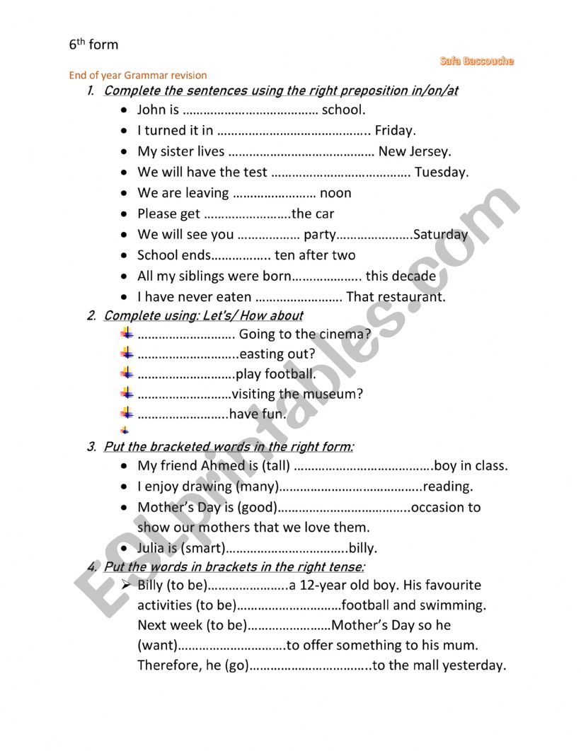 6th form  worksheet