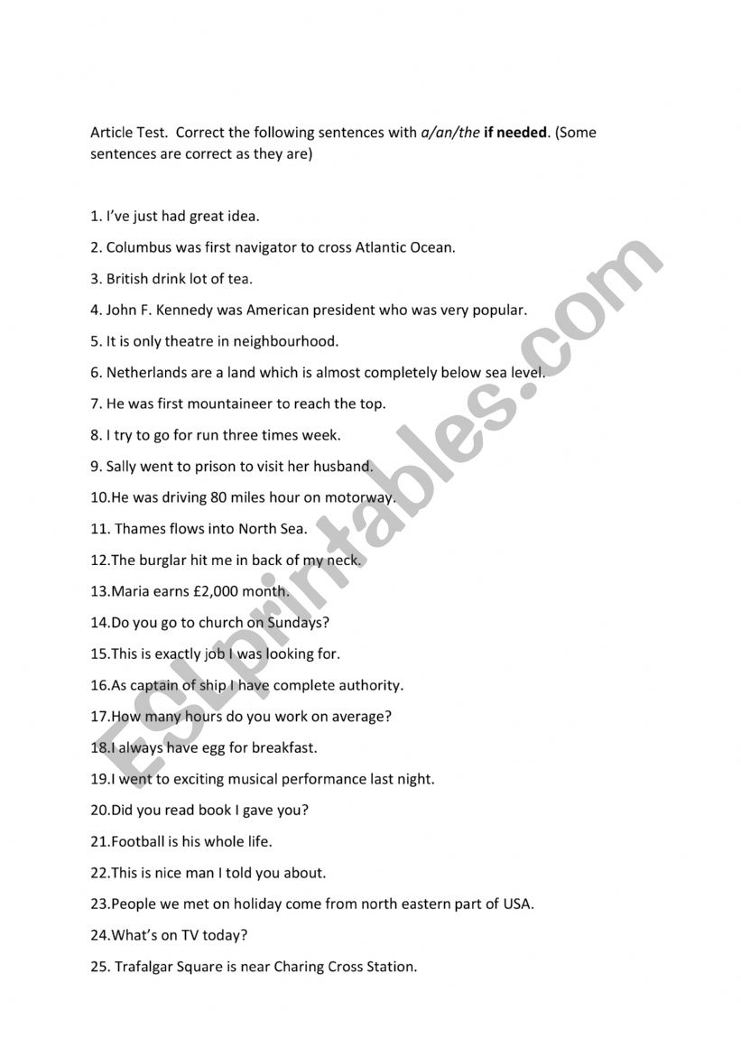 Article test worksheet