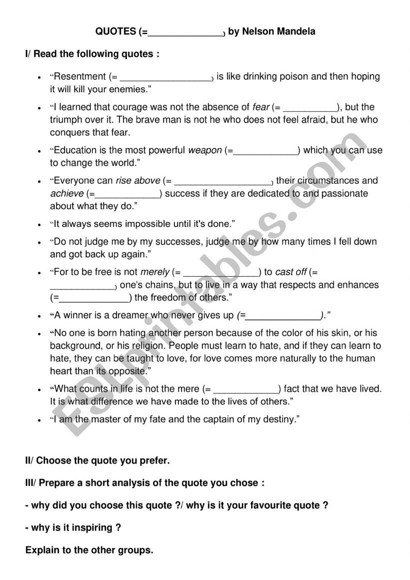 Quotes by Nelson Mandela worksheet