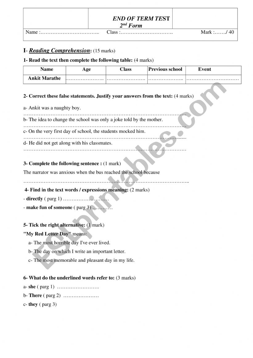 End of Term Test worksheet