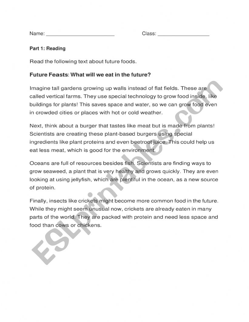 Future Foods worksheet worksheet