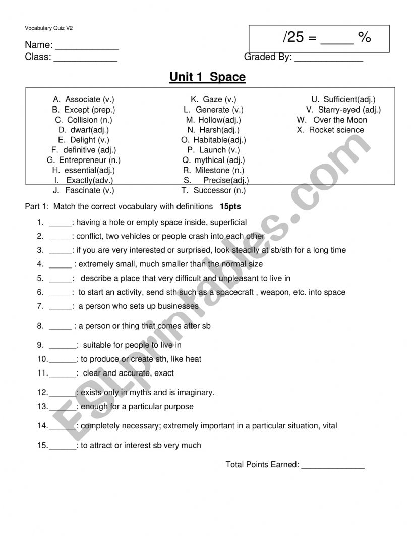 space related vocabulary worksheet
