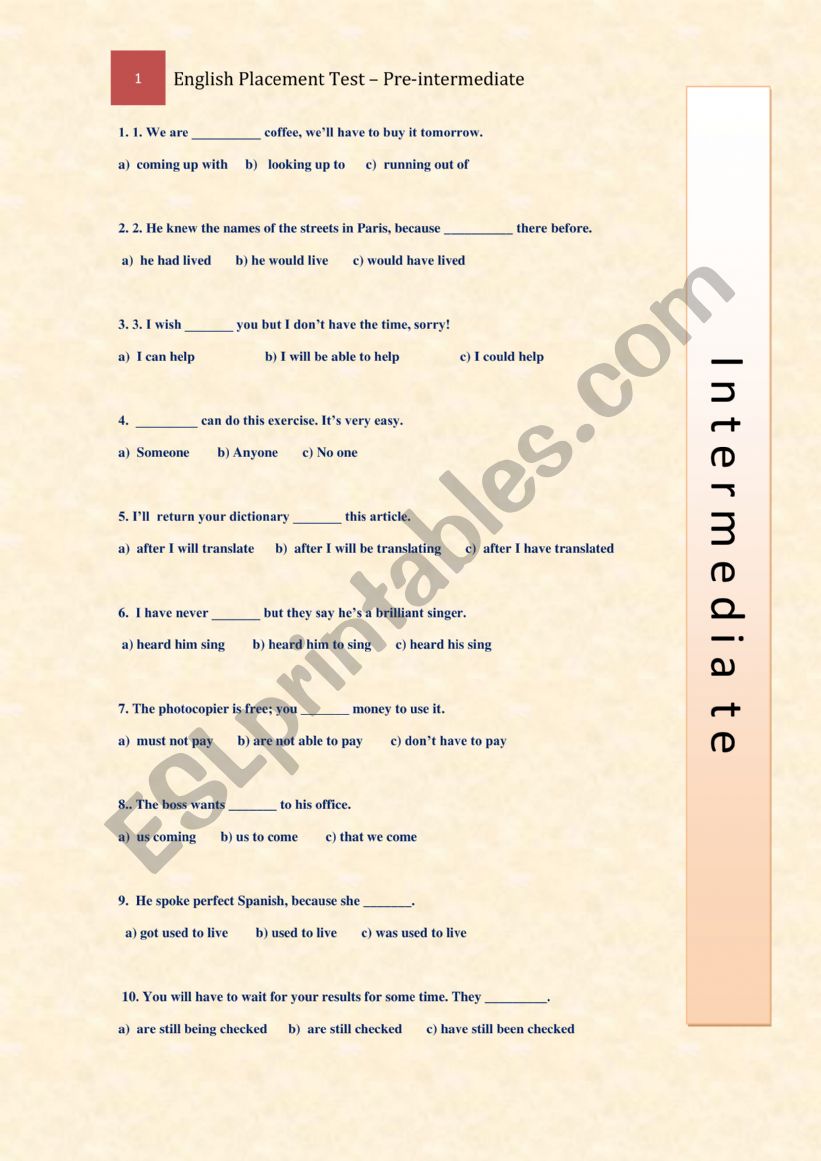 Placement test  worksheet