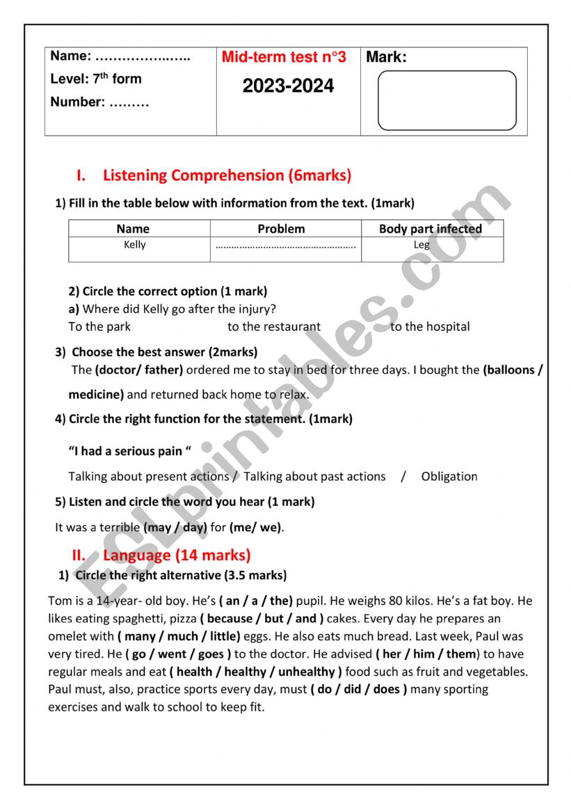 mid term exam 7th grade n 3  worksheet