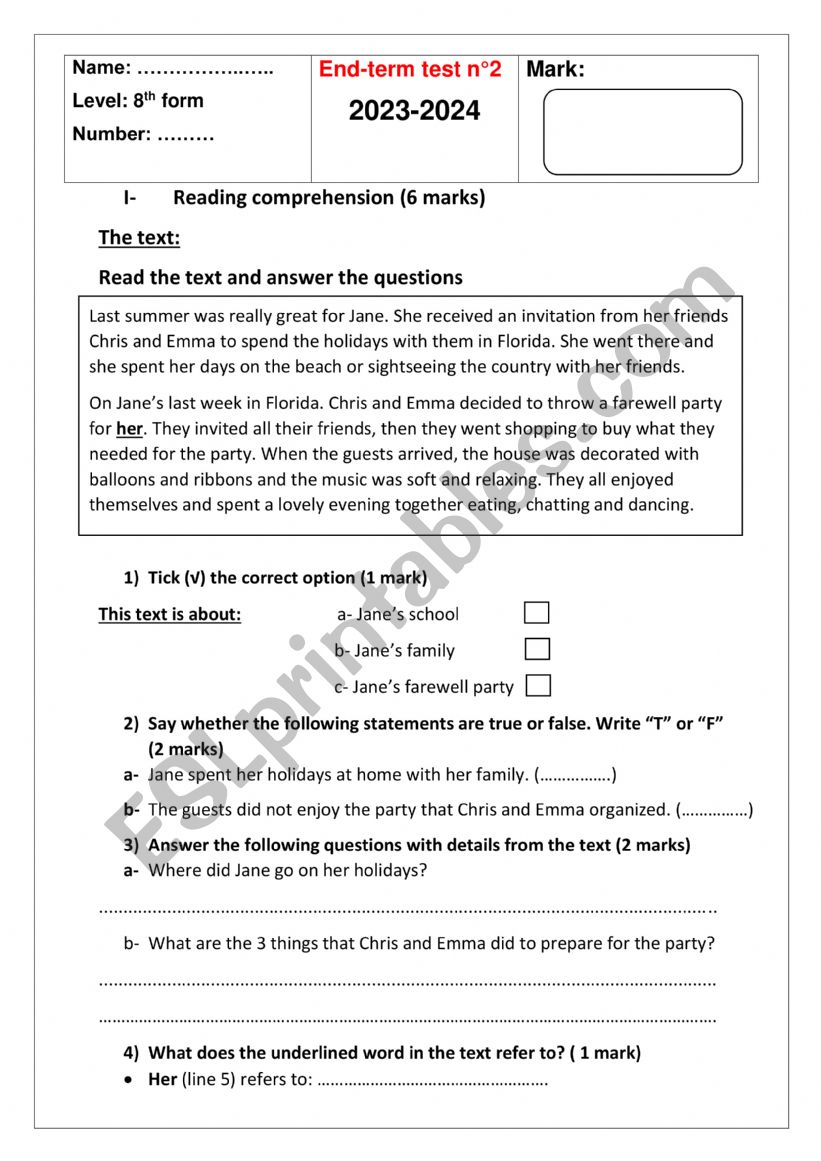 end tem exam 8th grade  worksheet