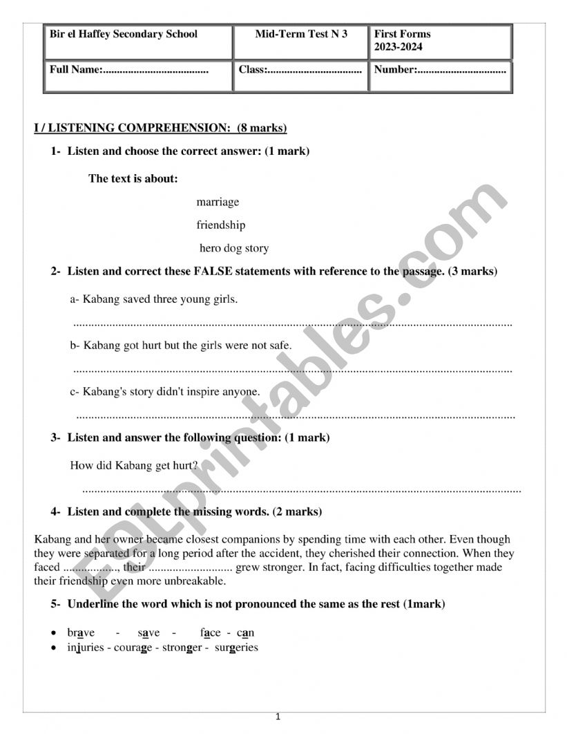 Mid-Term Test N 3 1st forms worksheet