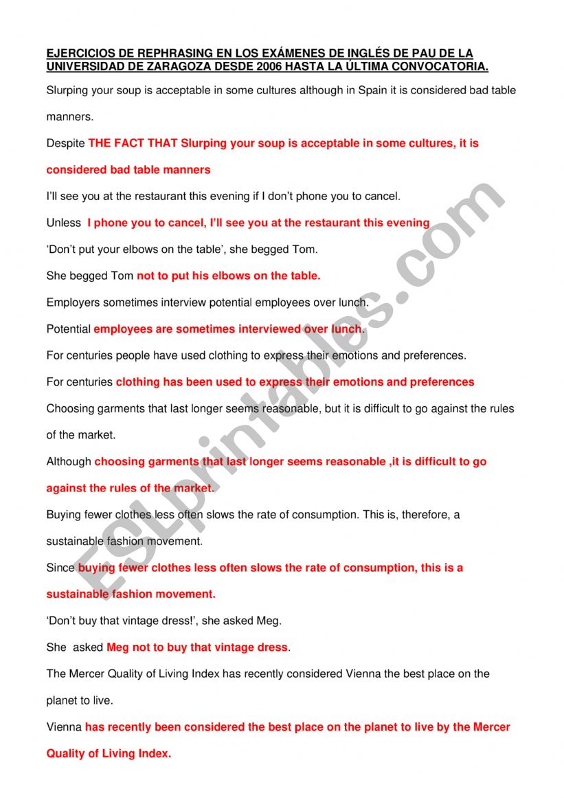 REPHRASING  worksheet