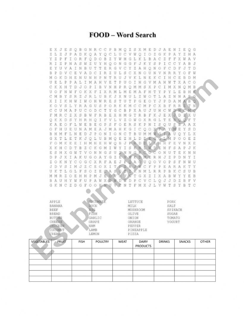 Food vocabulary wordsearch worksheet