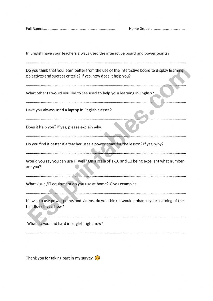 Questionnaire on IT  worksheet