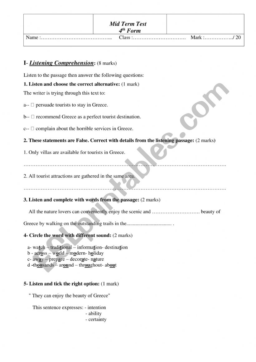 Mid-Term Test 4th Form worksheet