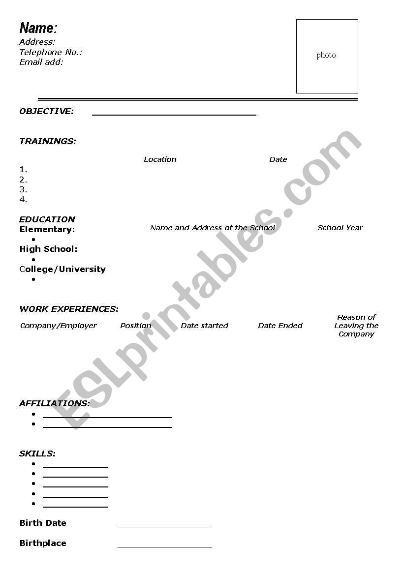 Resume (Blank) worksheet