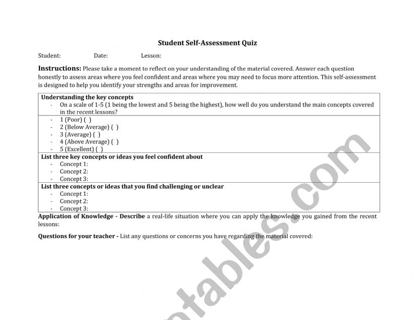 Self-assessment  worksheet