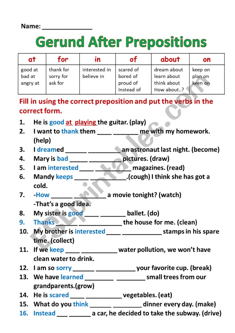 Gerund after Prepositions worksheet