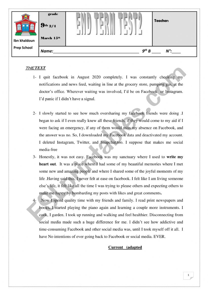 END OF TERM TEST 2 FOR 9TH worksheet