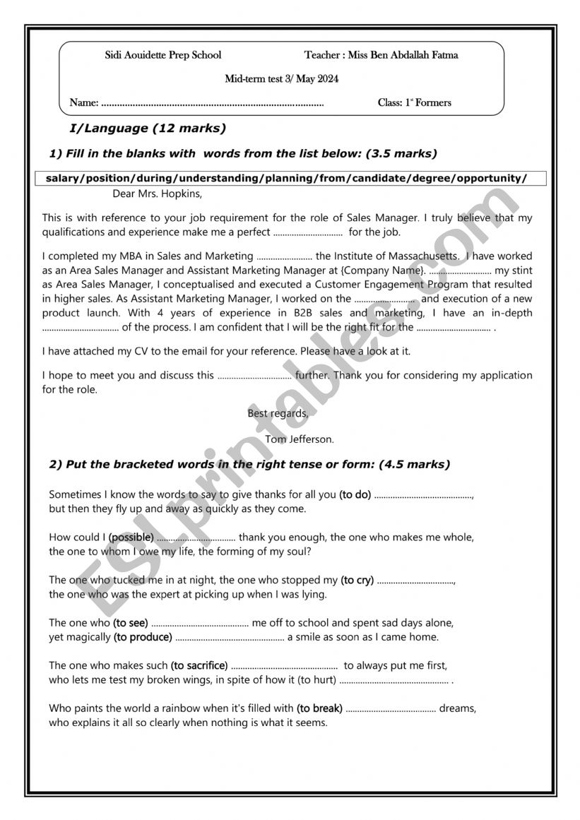 mid-term test 3 worksheet