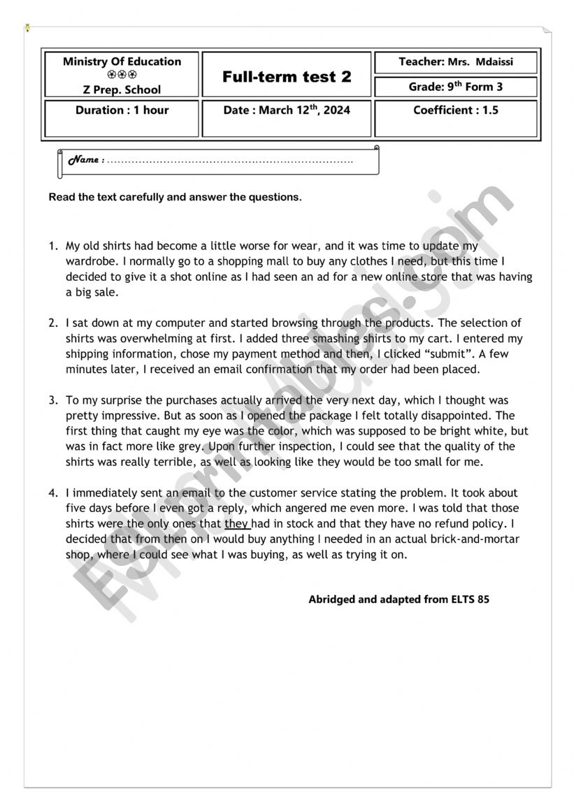 Test for 9th form worksheet