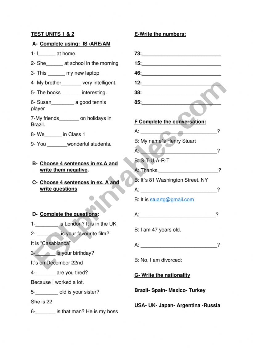 english file verb to be worksheet