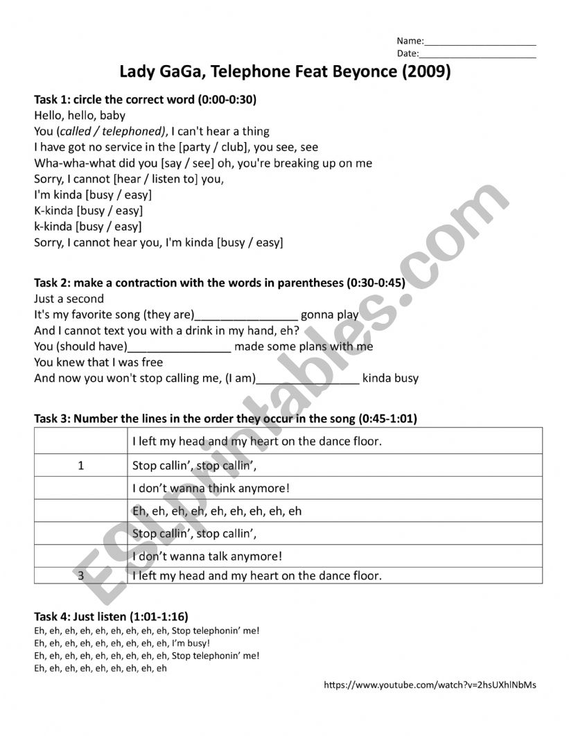 Telephone Lady GaGa Beyonce worksheet