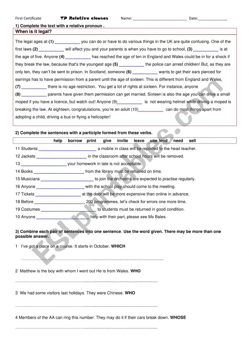 Relative Clauses  worksheet