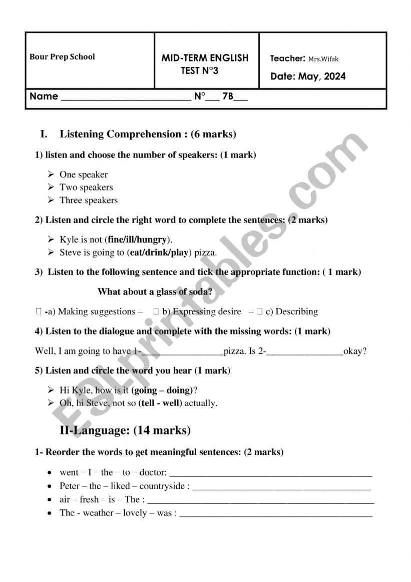 7th form  Mid term test number 3
