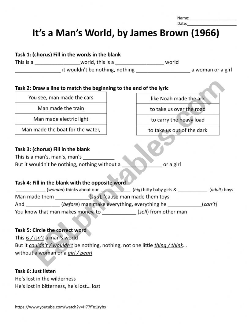It�s a Man�s World, James Brown (lyric worksheet)