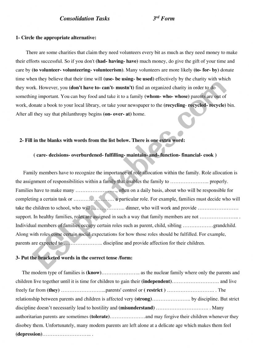 Consolidation tasks worksheet