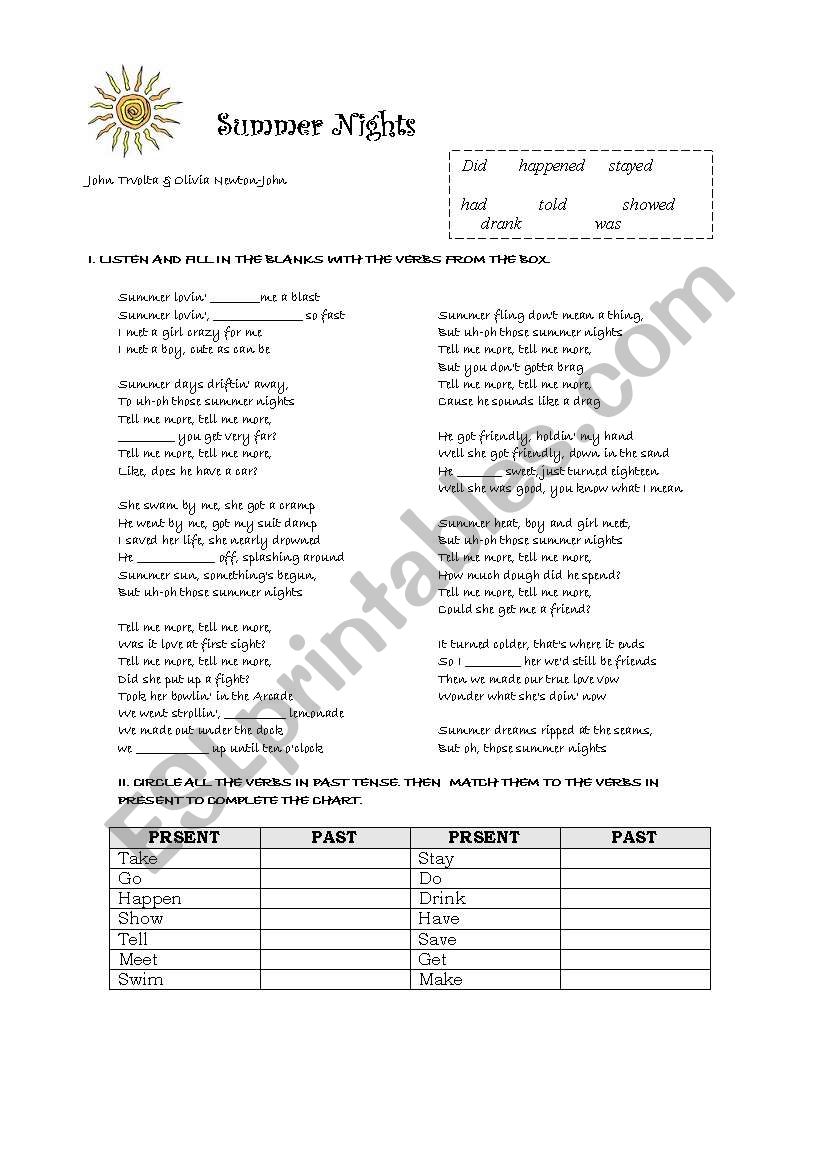 SUMMER NIGHTS SONG worksheet