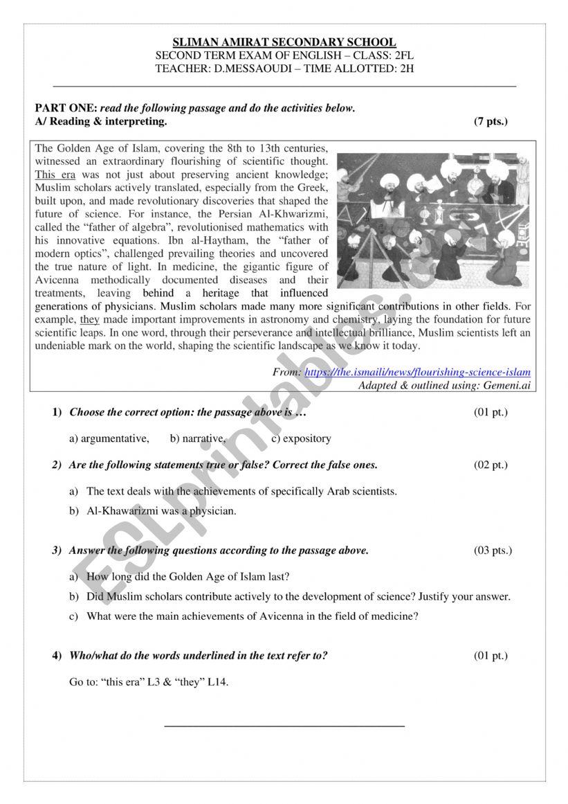 Second Term Exam of English - 2FL